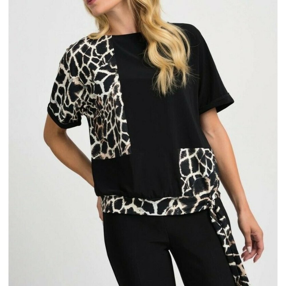 Joseph Ribkoff Giraffe Print Black Shirt Short‎ Sleeve Blouse Size 6 Tie Waist